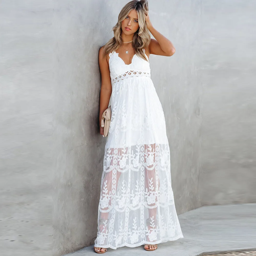 

Women's Dress White Hollow Out Cotton Sundress Lace Sleeveless Long Splicing Summer Party Elegant Evening Woman Skirt Clothing ﻿