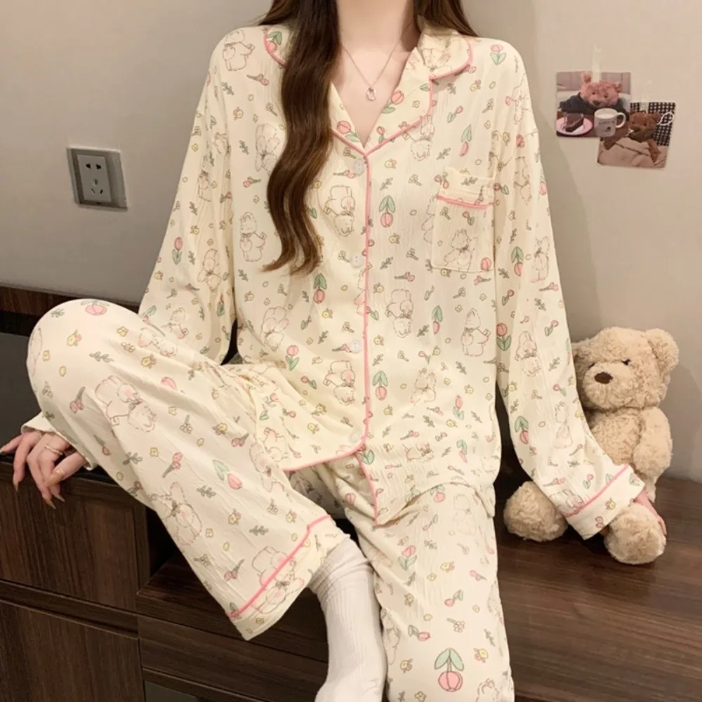 

Long Sleeve Women's Pajamas Set Breathable Crinkled Fabric Sleepwear Set Pink Bow Elastic Waist Loungewear Set