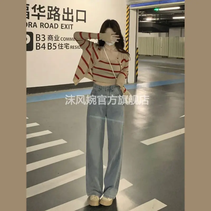 Early autumn new Korean version pure desire style striped camisole knitted cardigan jacket+fashionable jeans three piece set