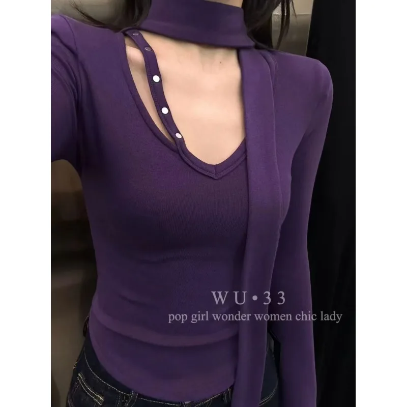 Women Korean Chic Autumn Winter Ribbed Long Sleeve Top V Neck Strap Slim Fitted Brushed Inner Shirt