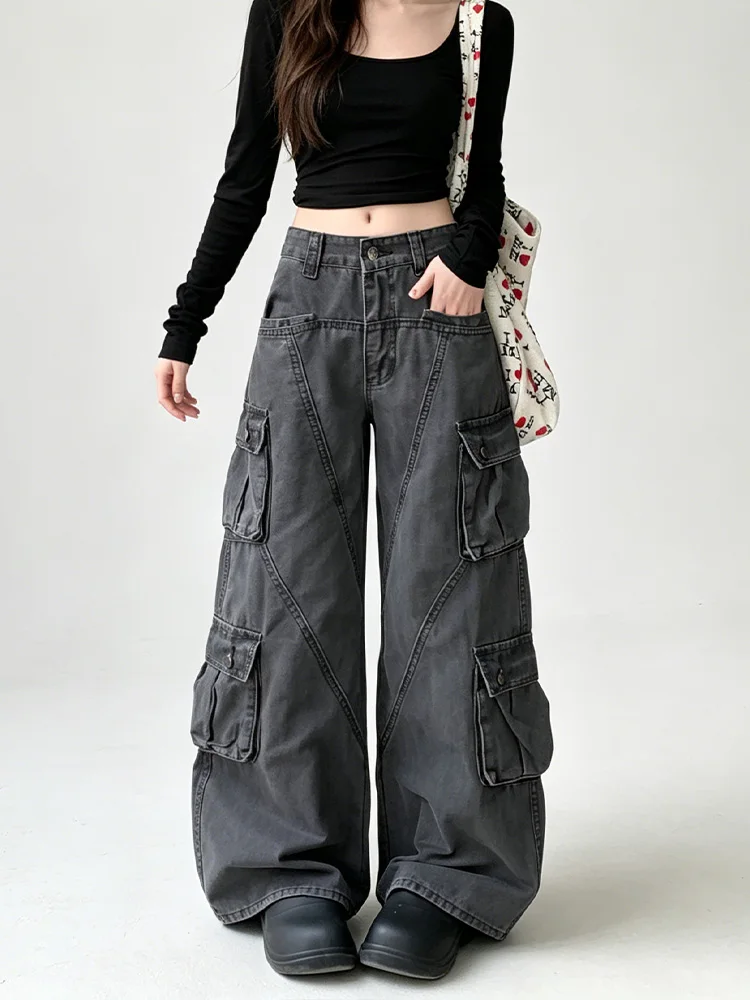 

Women's Deep Grey Harajuku Casual Denim Jeans Y2K Japanese High Street Aesthetic Vintage Wide Leg Long Pants Clothing 2026 New