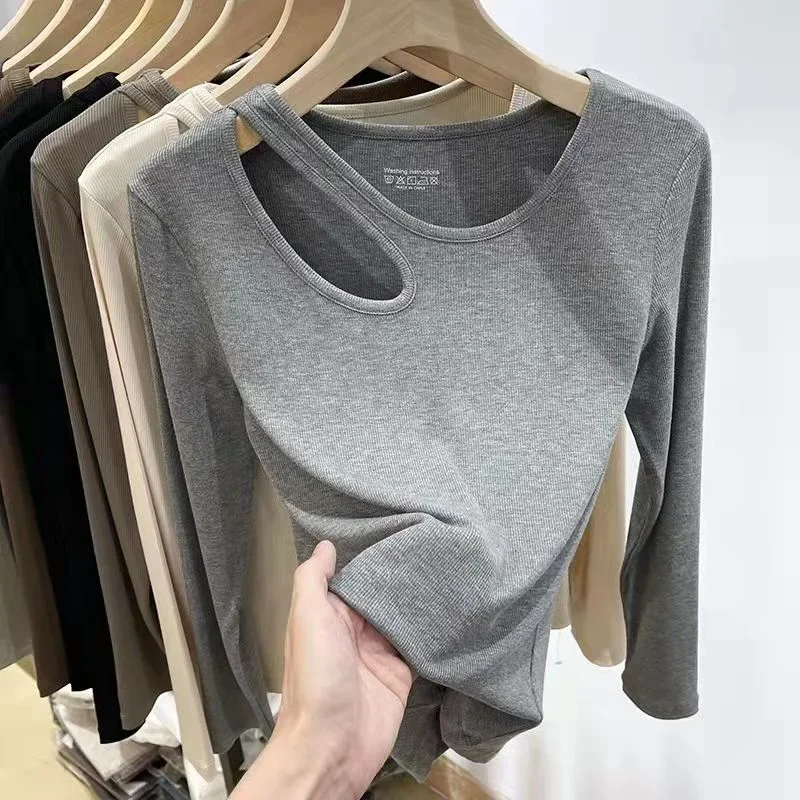 Threaded Long-sleeved T-shirt for Women in Spring and Autumn New Slim Stretchy Inner Bottoming Hollow Top