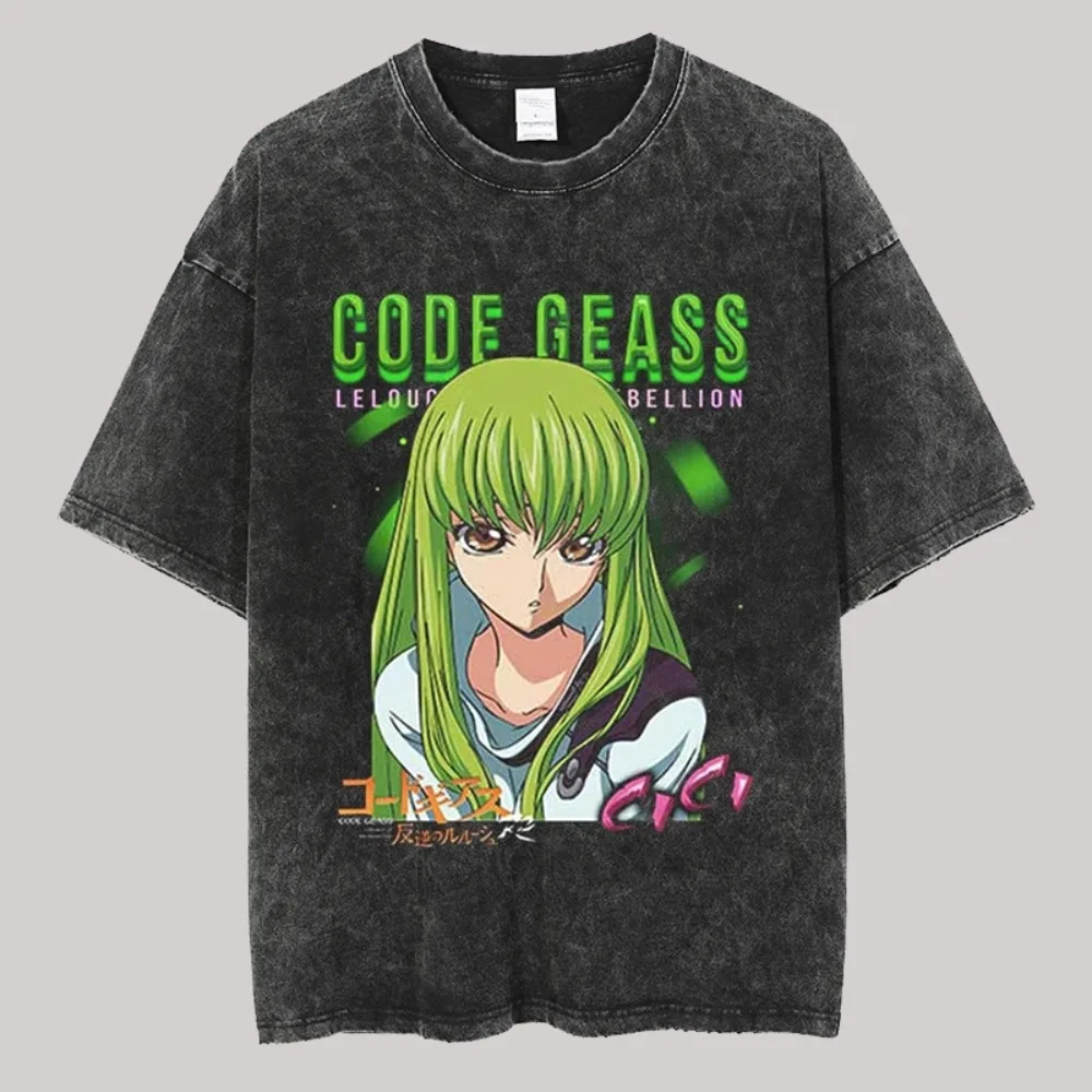 Vintage gewaschene Herren-T-Shirts, Code Geass, Anime, bedruckt, übergroße Kleidung, lässige Damen-Kurzarm-T-Shirts, Sommer 2025,