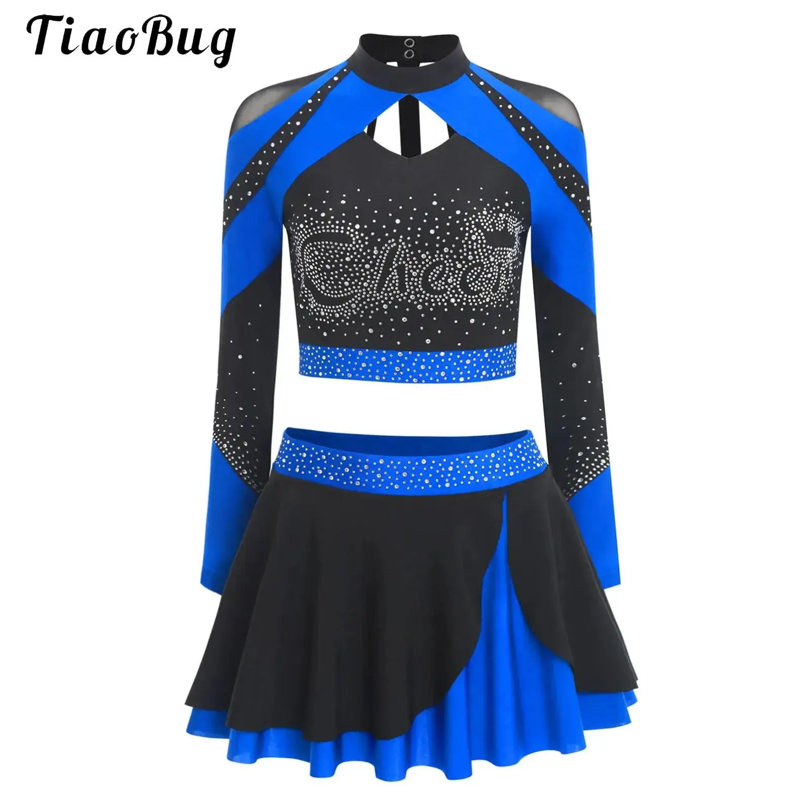 Womens Rhinestone Cheerleader Outfits Shiny Cheerleading Uniform Costume Long Sleeve Hollow Out Crop Top+Mini Skirt Match Suit