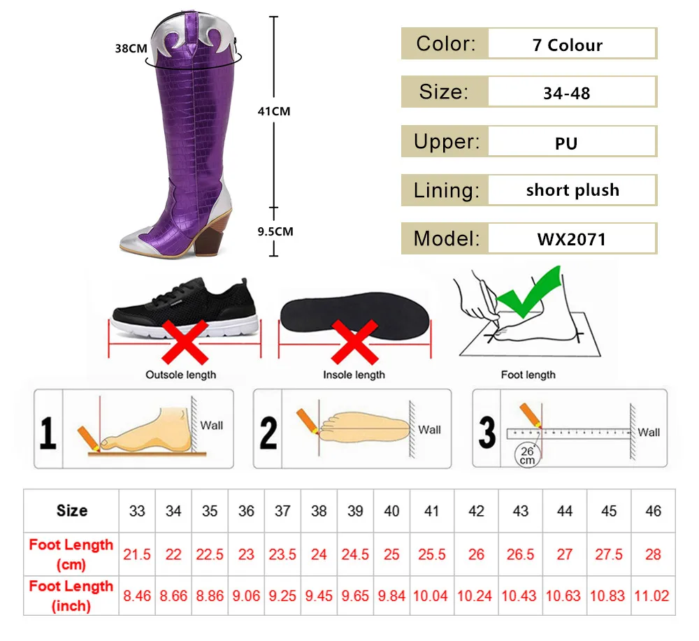 Fashion Knee High Boots Western Cowboy Boats for Women Long Winter Pointed Toe Cowgirl Wedges Motorcycle Booties Yellow Red Blue