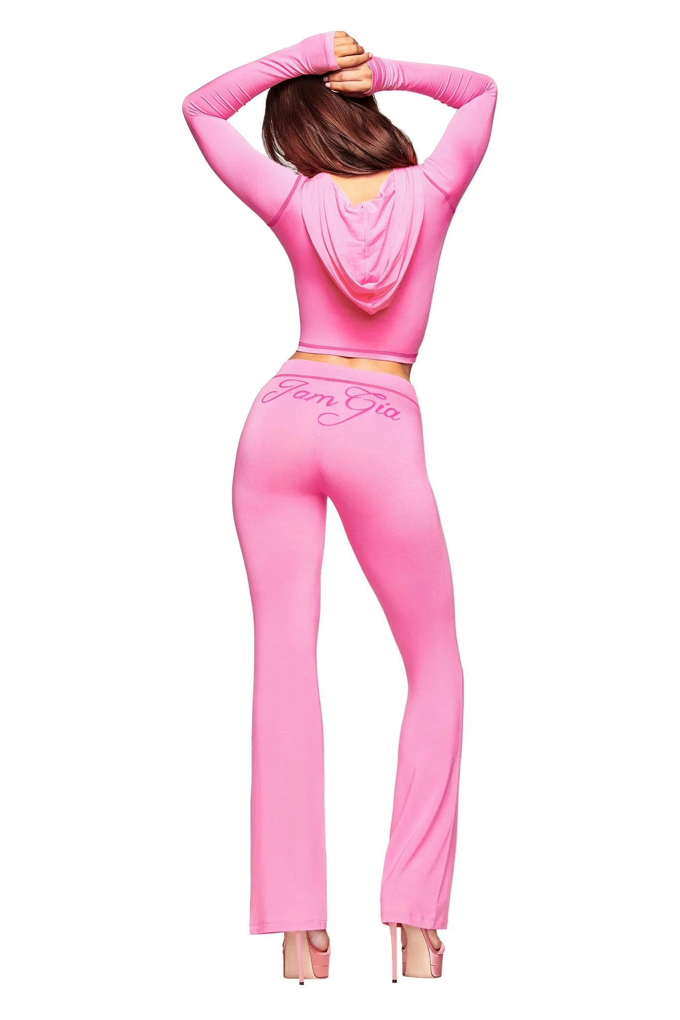 Gia neon pink regular shoulder slim-fit letter print topstitching design slim-fit hooded zip-up short jacket and pants set