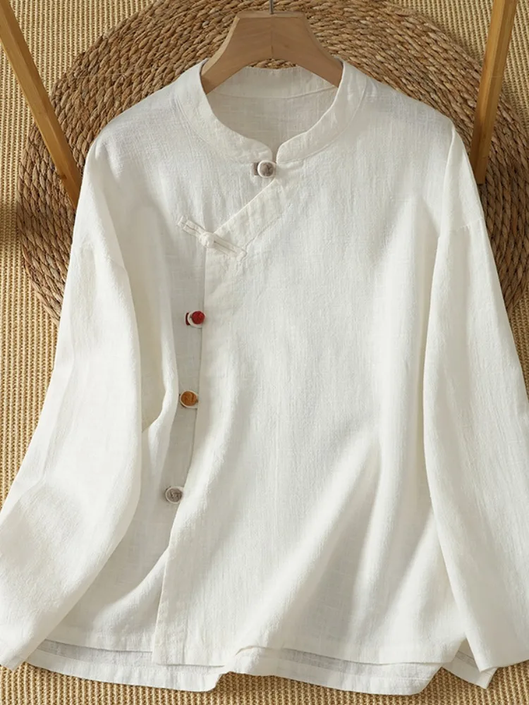 Chic Chinese Style Long Sleeve Cotton Linen Shirt Women's Autumn Casual Loose Fit Button up Top Tea Ceremony Traditional Costume