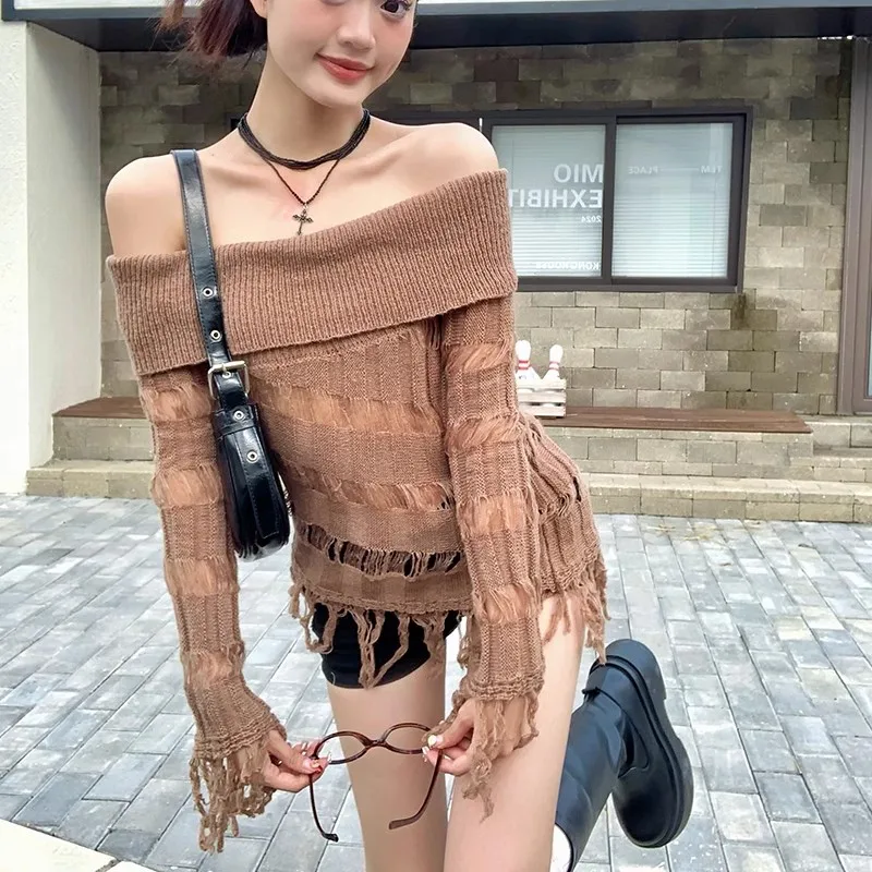 Sexy Lady Top for Autumn Long Sleeve Shoulderless Tassel Hem Hollow Out Knitting Pullovers Sweet Female Irregular Sweater Top