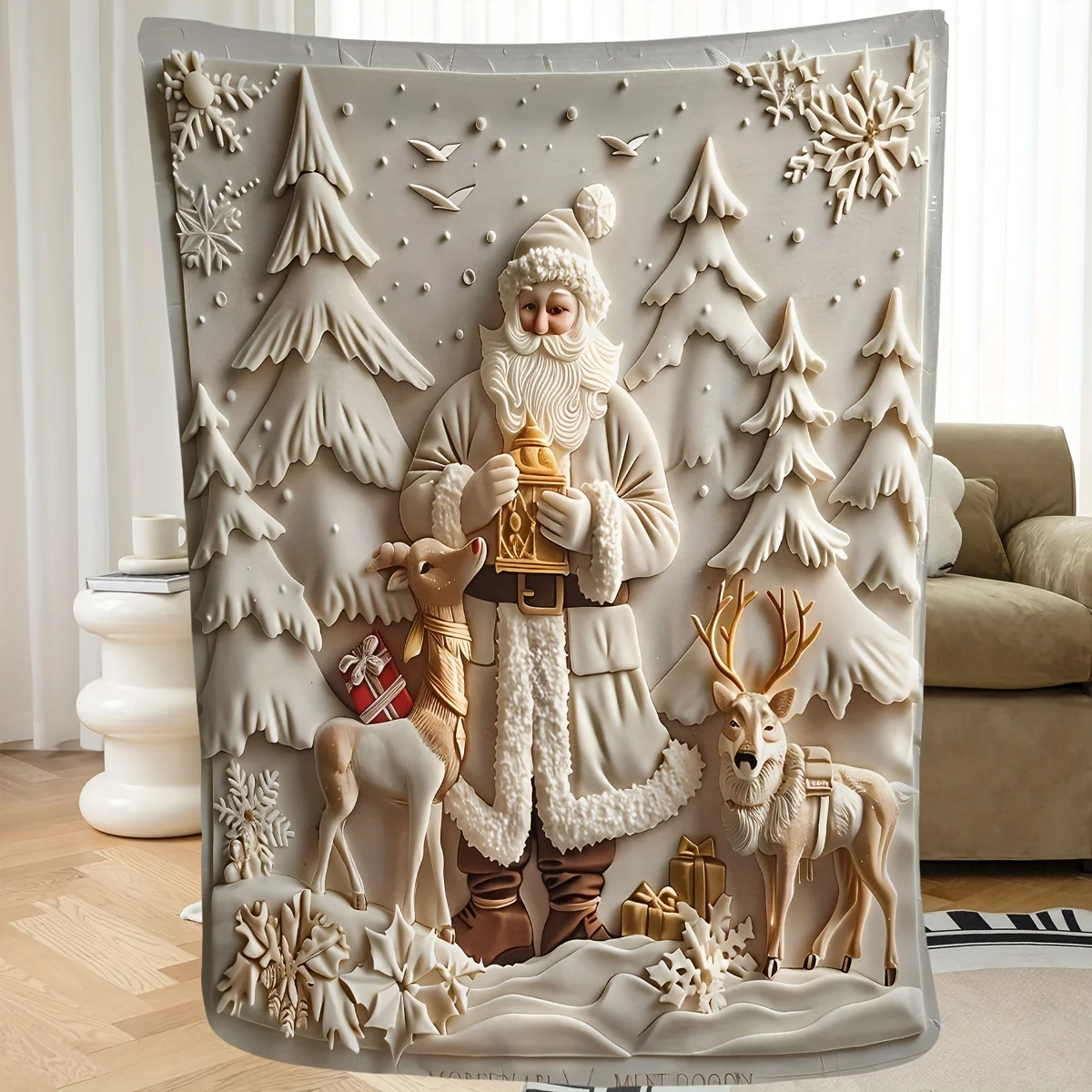 Cozy Santa & Reindeer 3D Print Plush Blanket - Soft, Warm Throw for Couch, Bed, Office, and Travel - Versatile All-Season Gift