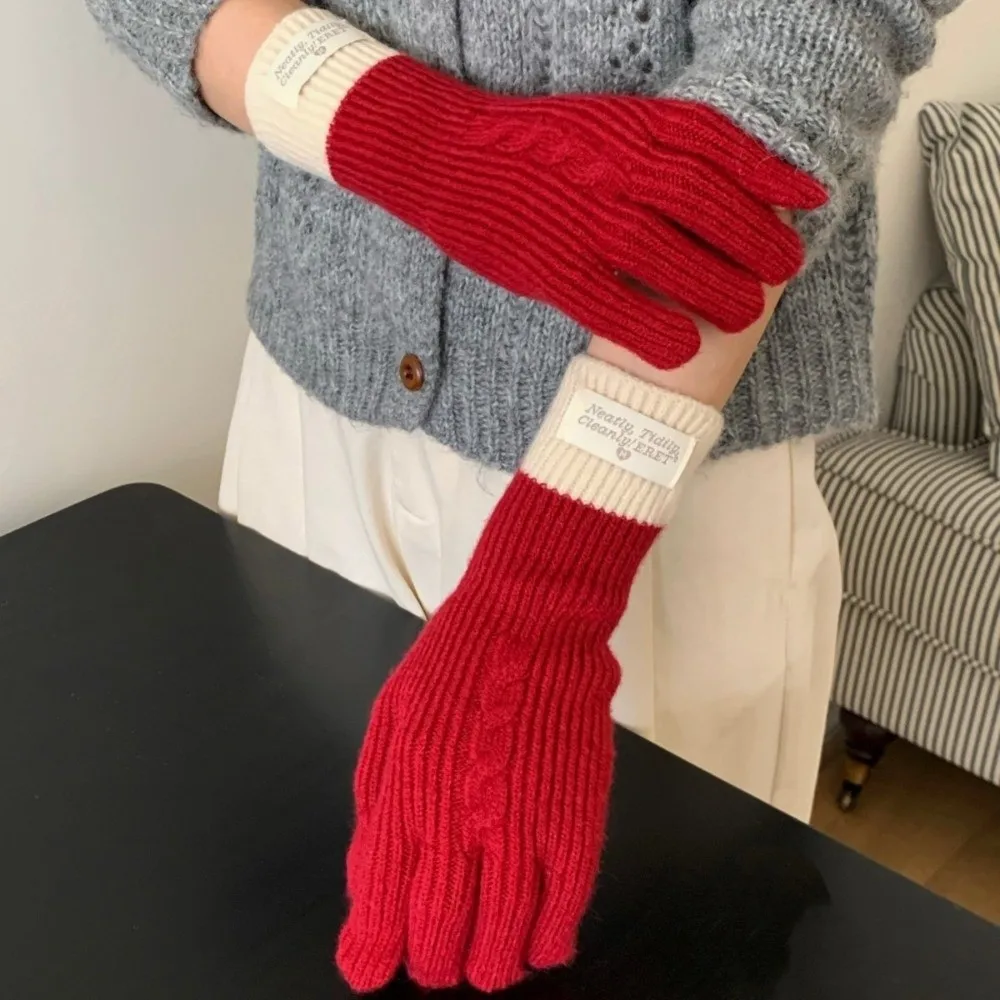 Polyester Cable Knitted Gloves Stretchy One Size Fit Full Finger Gloves Warm Lining Touch Screen Winter Gloves For Couples