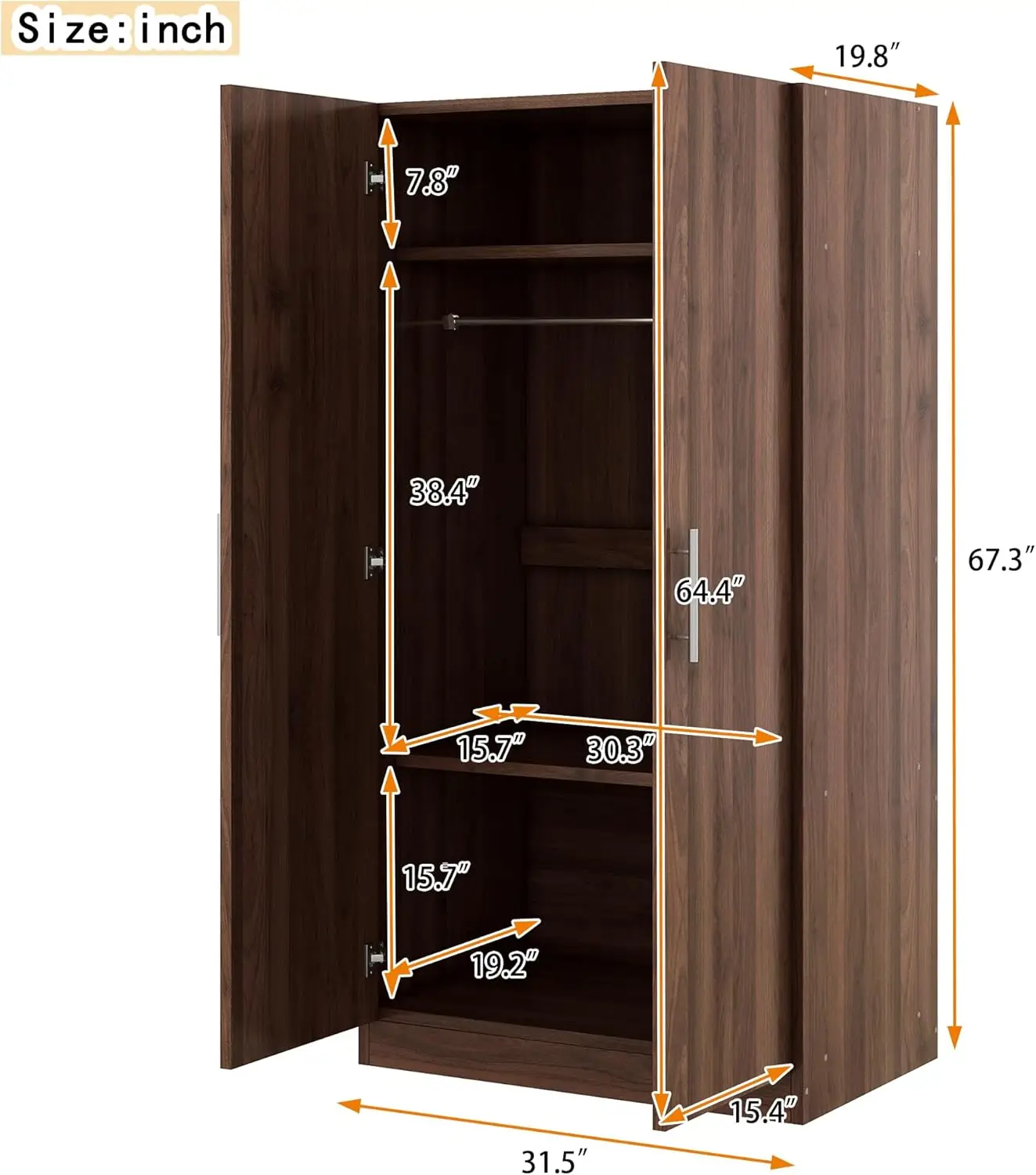 Merax 2 Doors Brown Wooden Wardrobe Cabinets, Bedroom Slim Armoire Closet Organizer, Functional Clothes Elite Storage Pantry