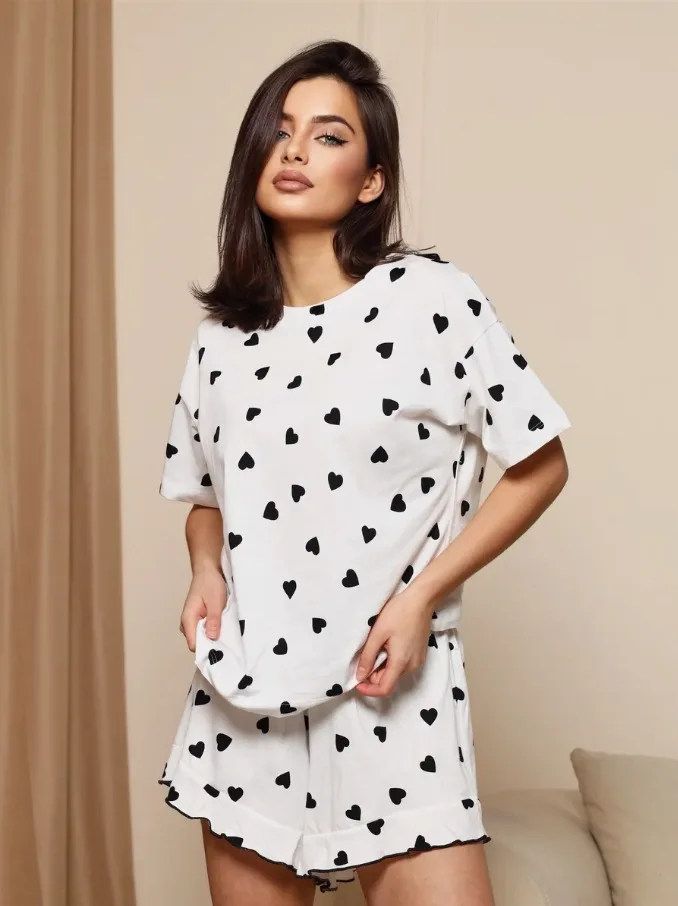 Women's Pajamas, Summer Heart Print Home Wear Suit, Short Sleeves and Shorts, 2025