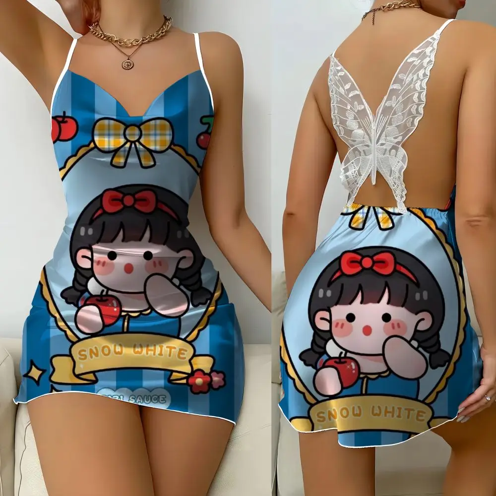 Vrouwen Disney Sneeuwwitje Print Sexy Nachthemd Satijn Vrouwen Kant Vlinder Nachtjapon Mini Nachthemd Thuis Kleding