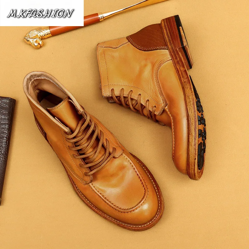 Retro Men's Short Boots Round Toe Genuine Leather Lace Up Flats Ankle Boot Booties Casual Shoes