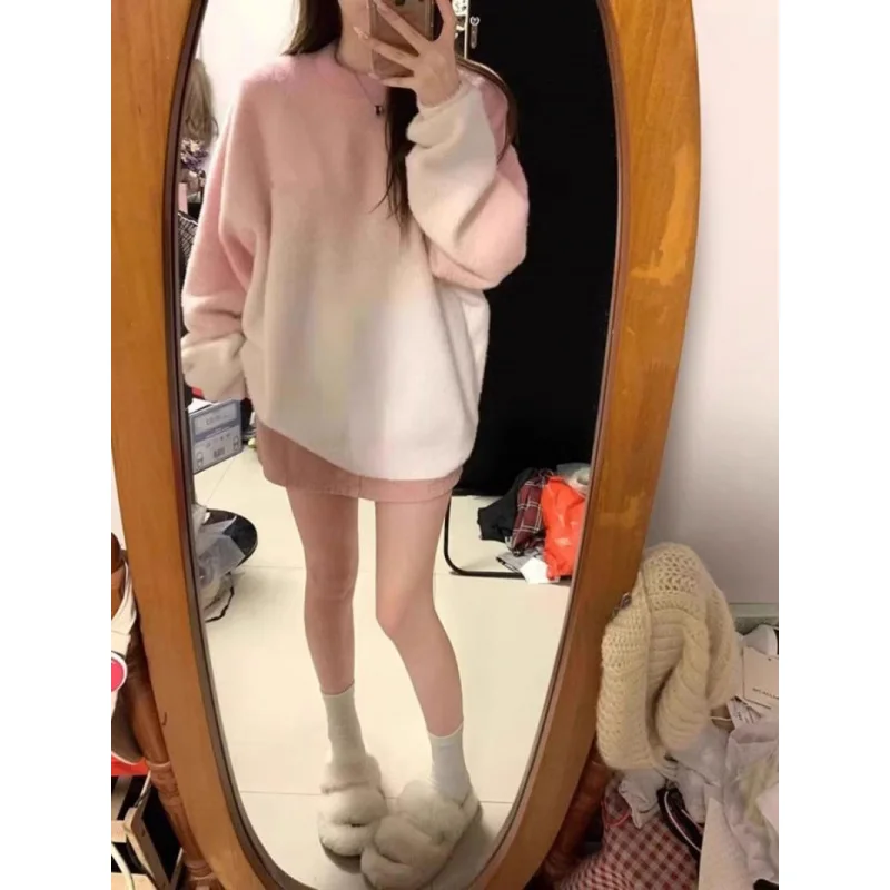 

Idle Style Pullover Loose Women's Design New Student Gradient Pink Soft Glutinous Sweater Top