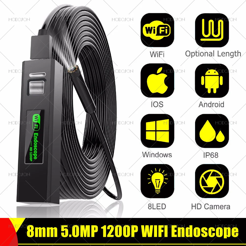 8mm 5.0MP 1200P Wireless WIFI HD Endoscope Camera Flexible Snake Tube Car Inspection Borescope For IOS iPhone Android Phone PC