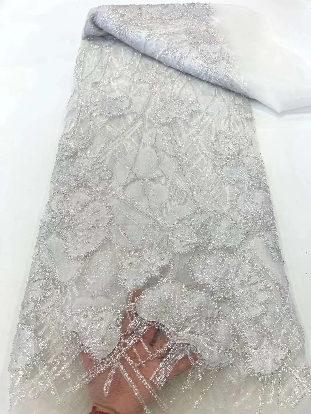 Pink Lace Fabric Nigeria Beaded Fabric Luxury with Sequins African Lace Fabric for Wedding Party Bridal Lace Fabrics 2023 5Yards