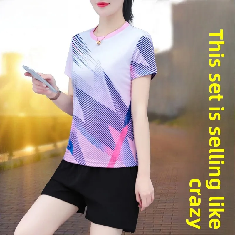 

TUCANO Women's Qui Dry Fitn Outfit Summer ort Sve Set Elastic Breathable Sportswear Two-Piece round Ne T-irt