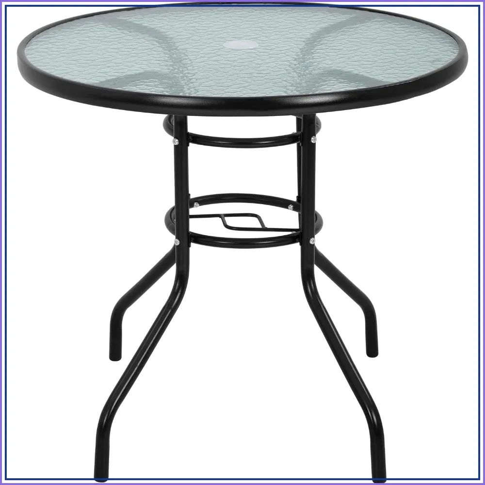 

32in Outdoor Round Dining Table with Umbrella Hole, Tempered Glass for Patio Balcony