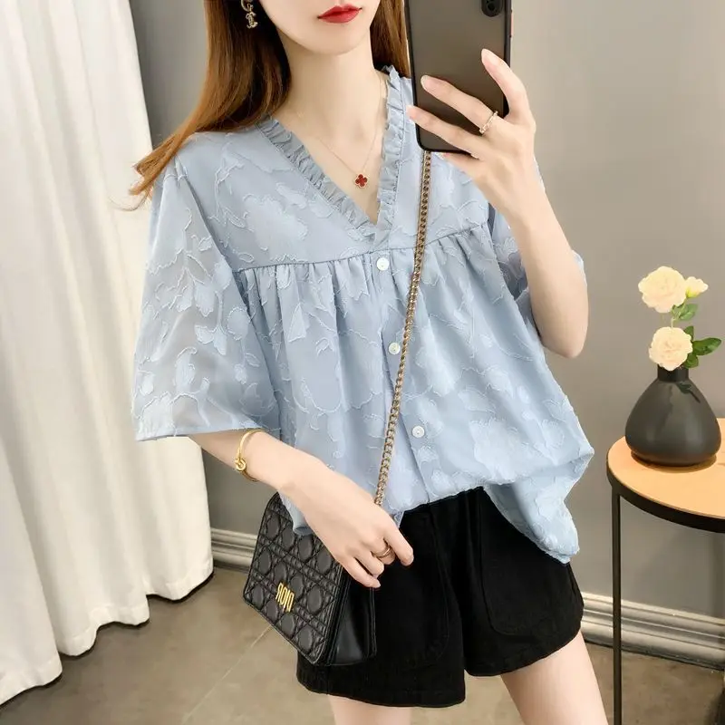 Women Summer Simplicity Loose Short Sleeve Solid Color Ruffles V-neck Chiffon Shirts Ladies Casual All-match Hollow Out Top Tee