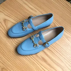 2024Summer New Solid Color Metal Chain Genuine Leather Round Head Women's Shoes Flat Bottom Soft Sole Shoes Brand Casual Shoes