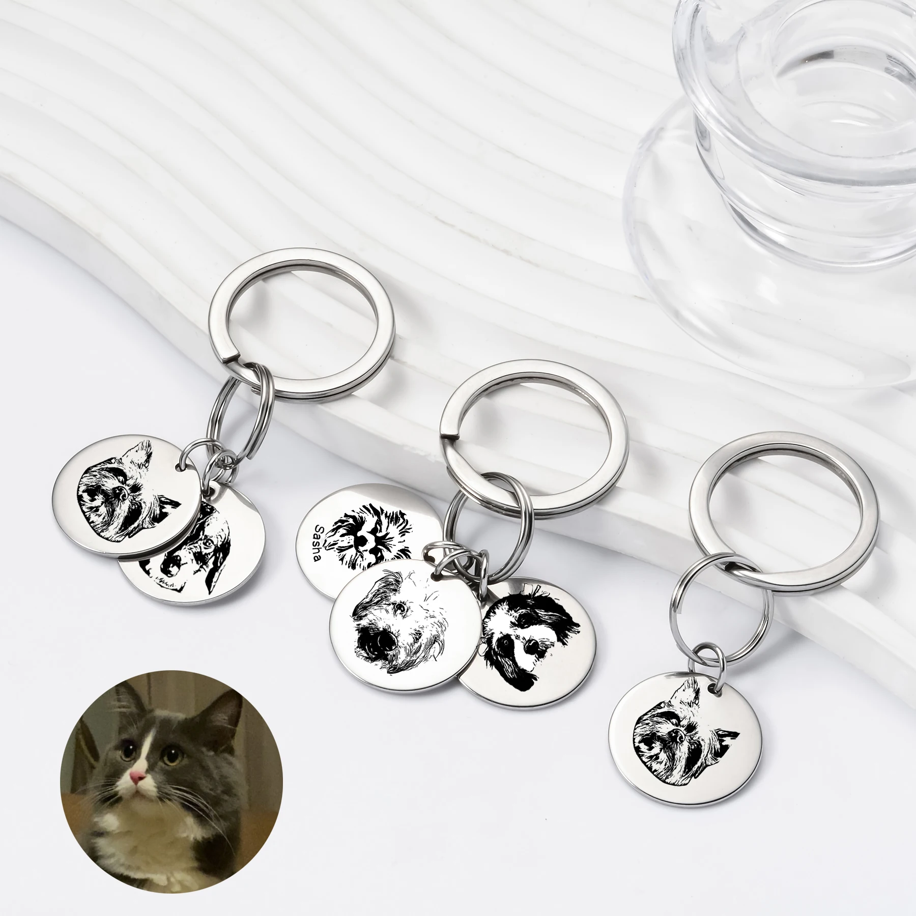 

Stainless Steel Custom Pet Portrait Keychain Personalized Multiple Dog Cat Photo Engraved Memorial Christmas Gifts