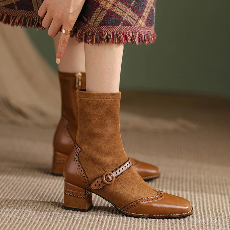 Genuine Leather Mary Jane Women Boots Fashion Retro Buckle  Ankle Boots Square Toe Thick Heel Handmade Autumn Winter Shoes Woman