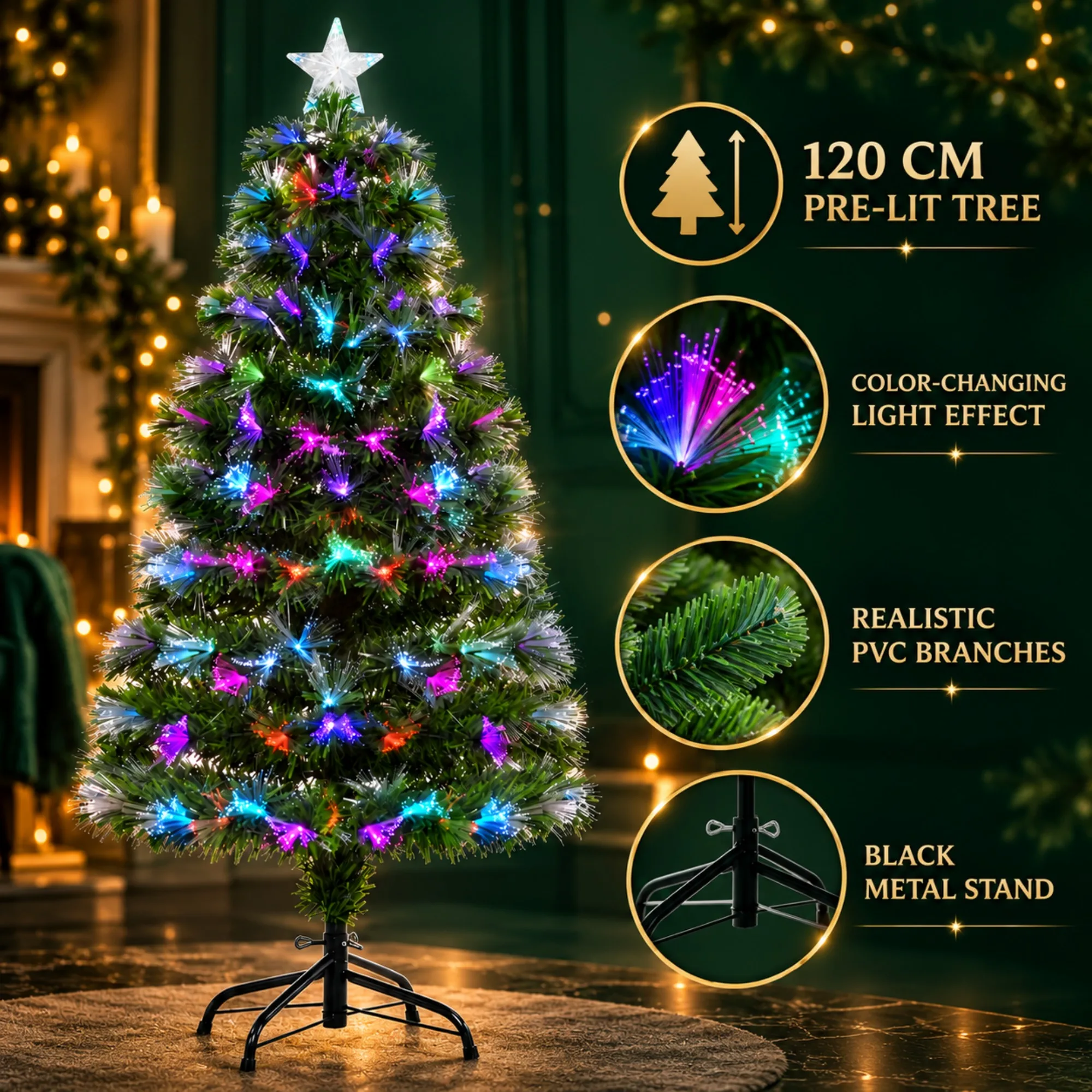 Albero di Natale artificiale da 120 cm con 130 luci a LED, albero di Natale preilluminato con fibre ottiche, luci multicolore che cambiano colore e lampeggiano in rosso, verde e blu, rami in PVC