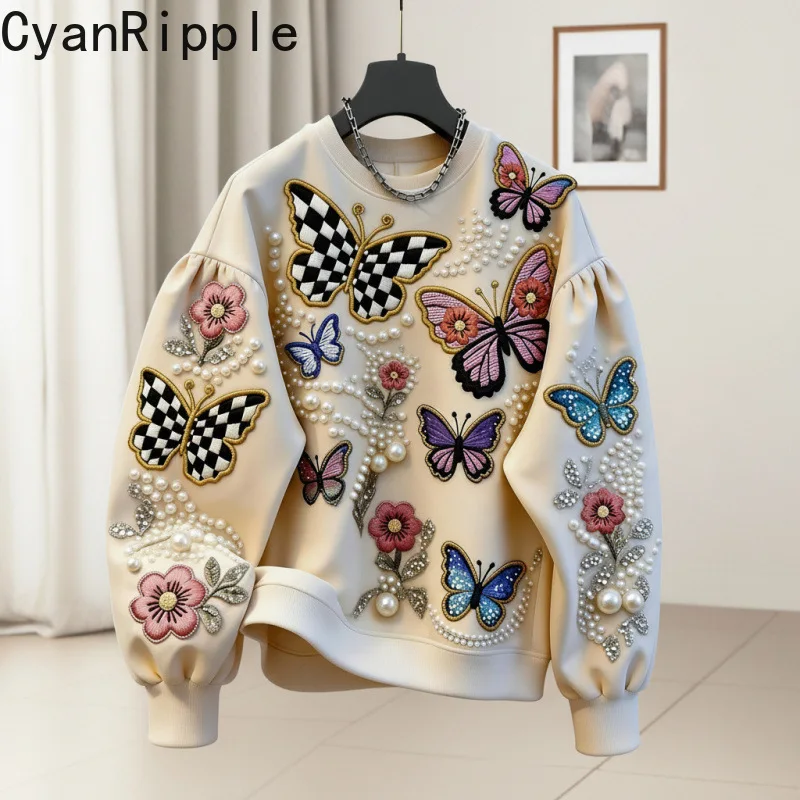 2026 New Autumn Luxury Pearl Beads Round Neck Pullover Top All-match Butterfly Printed Loose Sweatshirt Casual Women Hoodies