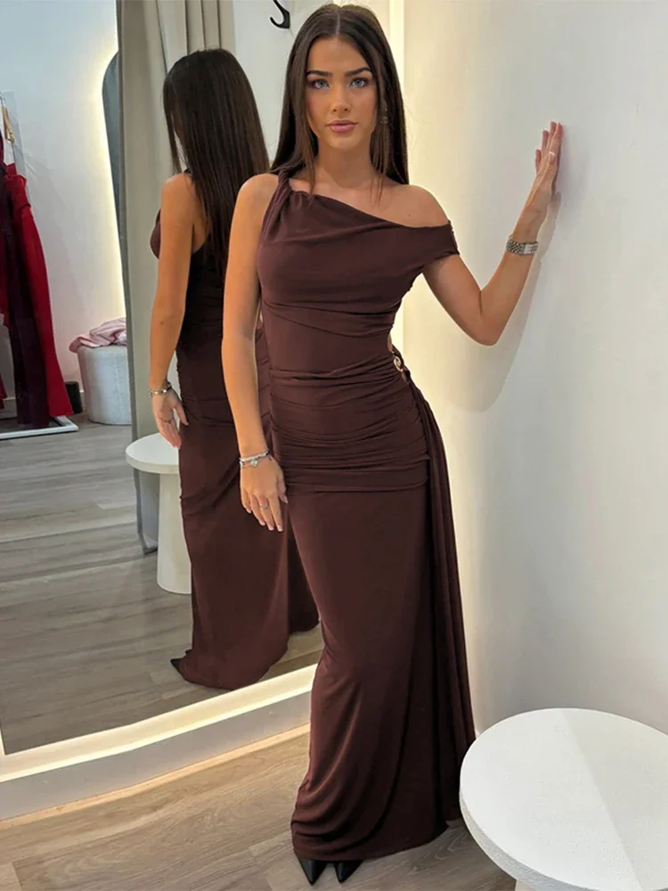 

Элегантное однотонное длинное платье Vestidos, женское шикарное облегающее платье без рукавов с открытыми плечами, плиссированное платье макси с разрезом, новая вечерняя женская одежда