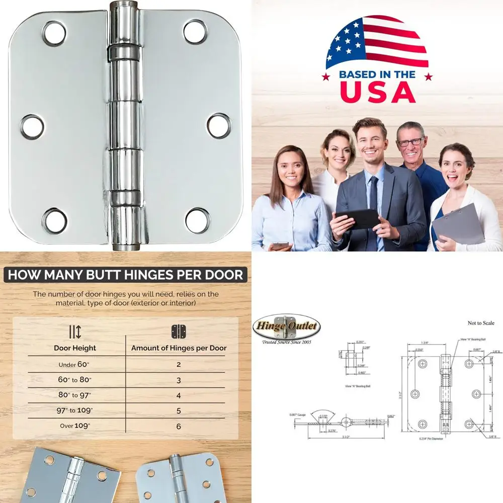 

Heavy-Duty Steel 3.5 Inch Radius Ball Bearing Hinges with Removable Pin, Polished Chrome, 12-Pack for Doors