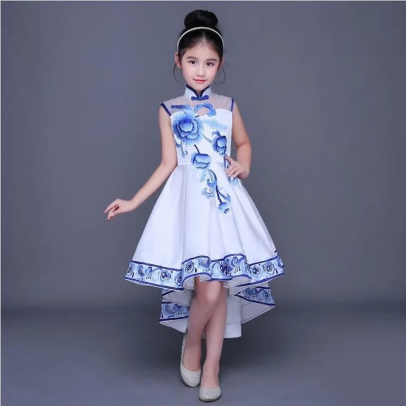 Children's Jazz Dance Latin Dance  Girls Dress Show Costume Boy Chinese Style Blue and White Porcelain Guzheng Costume Set