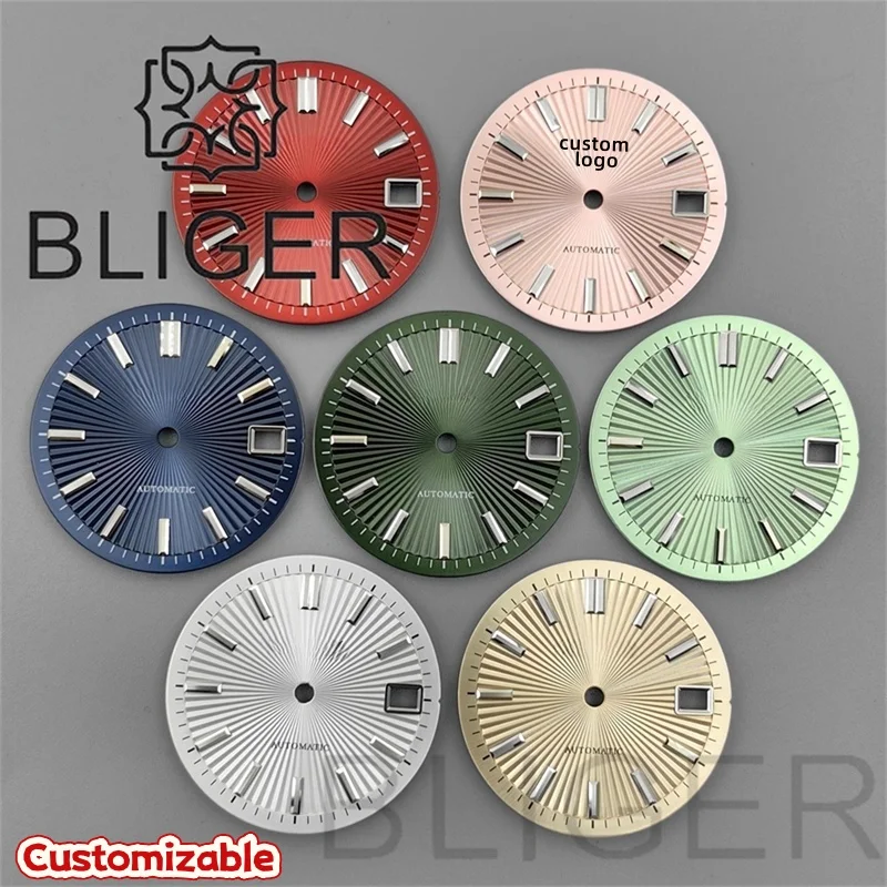 BLIGERE Custom Logo Watch Dial 29mm Sunburst Textrue Watch Face Black Green Red Blue With Stick Time Marks Fit NH35 Movement