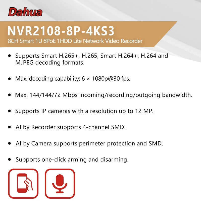 Dahua 4/8CH 1U 4/8PoE 1HDD Lite NVR Supporta telecamera da 12 MP SMD H.265+ 4K 1 SATA Max 20TB NVR2104-P-4KS3 NVR2108-8P-4KS3