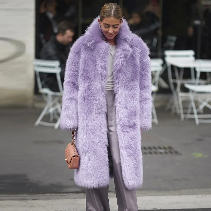 

Winter Thicken Faux Fur Overcoat Women's Fur Jacket Long Warm Lapel Fluffy Fur Coat Fashion High Street Lady Outerwear Purple