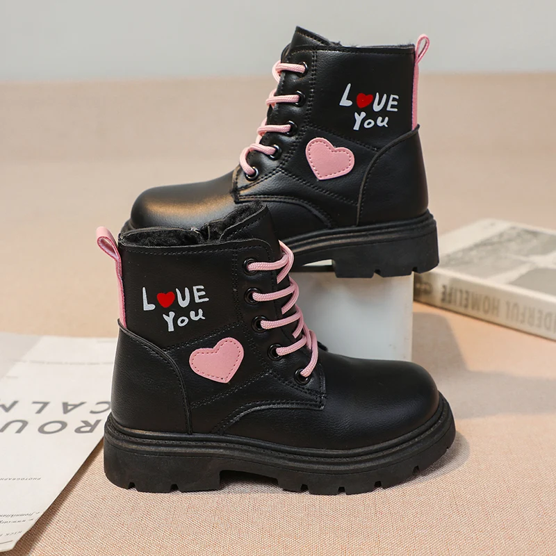 Girls Ankle Boots Fashion Princess PU Leather Rubber Outsole Children\'s Short Boots Autumn Winter Zipper Pink with Love Heart