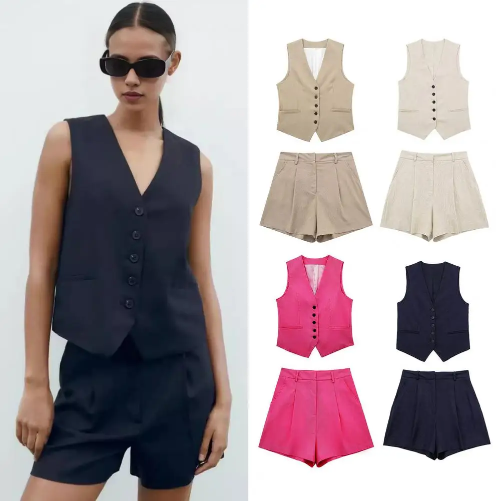 1Pc V Neck Summer Women Vest Single-breasted Sleeveless Waistcoat High Waist A-line Shorts OL Commute Style Office Wear Clothes