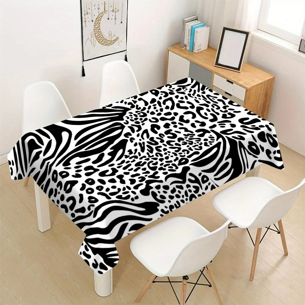 Animal Print Tablecloth, Black White Leopard Zebra Mixed Print, Washable Table Cover, Trendy Modern Dining Room Home Decor