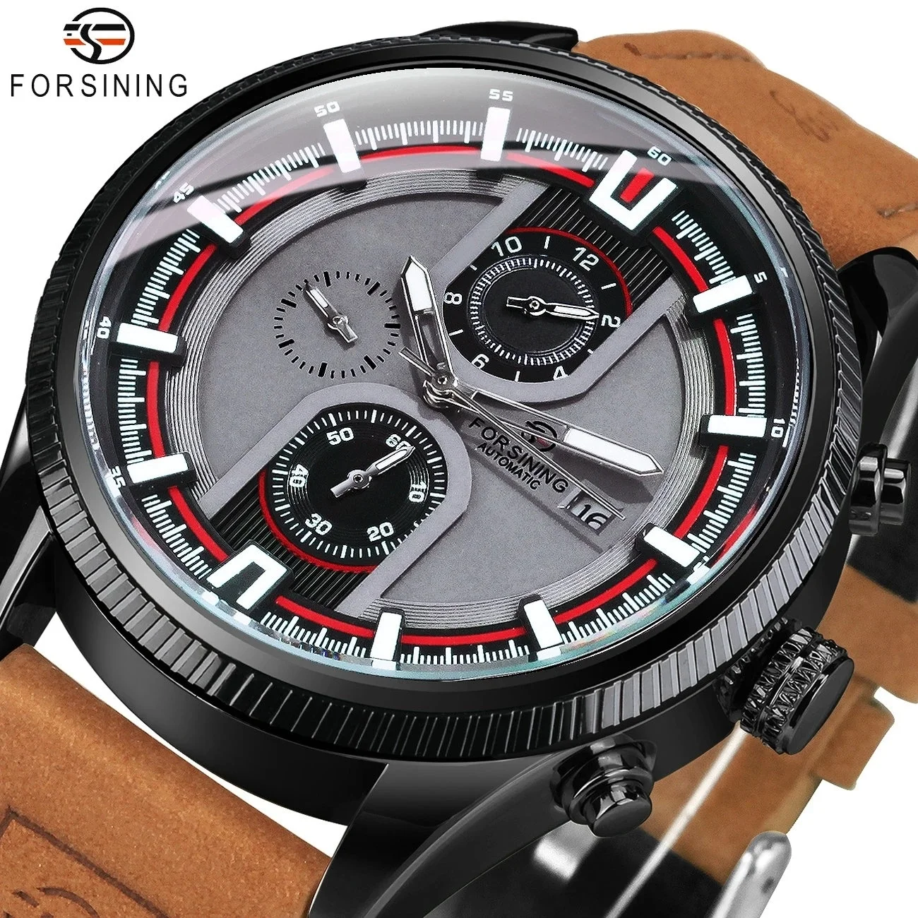 Forsining 382B Retro Fashion Designer Three Dial Decoration Genuine Leather Men Brand Automatic Mechanical Watches best gift