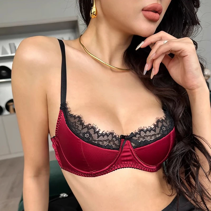 

Luxury Satin Lace Lingerie Set Breathable Thin Cotton Cups Underwire Push Up Bra And Thong Sexy Women Underwear for Small Chest