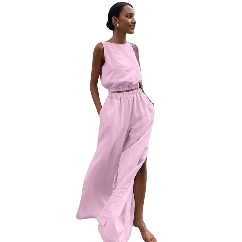 

A83F-женские комплекты из двух предметов, льняной жилет, жилет, нарядные повседневные комплекты, брюки с высоким разрезом и широкими штанинами, костюмы