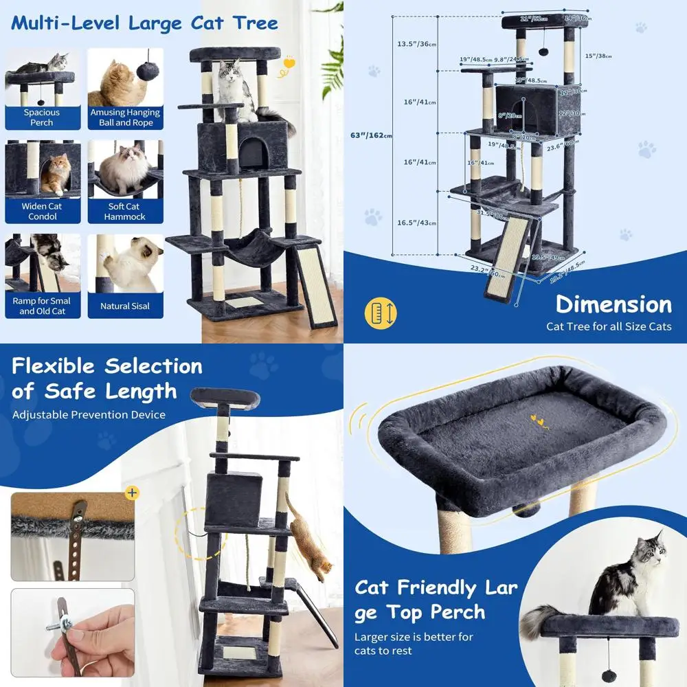 

Многоуровневый дерево-грифель для кошек 63 Heavy-Duty, для крупных кошек (от 9 кг), с сизалевыми стойками, гамаком, домиком и расширенной платформой, серый