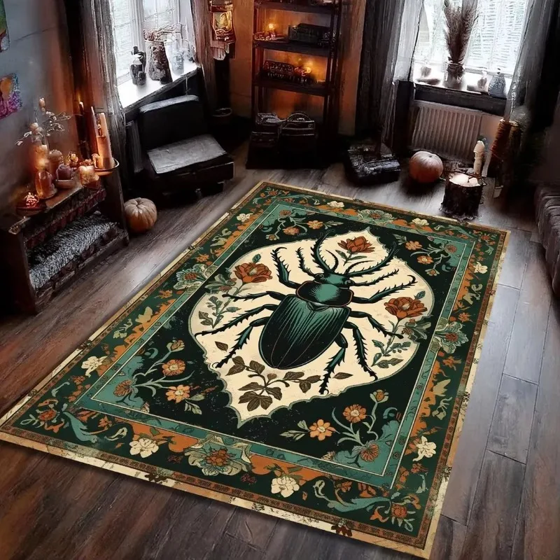 Vintage Botanical Beetle Floral Pattern Flannel Rug Retro Art Floor Mat for Living Room Bedroom Home Decor Area Carpet