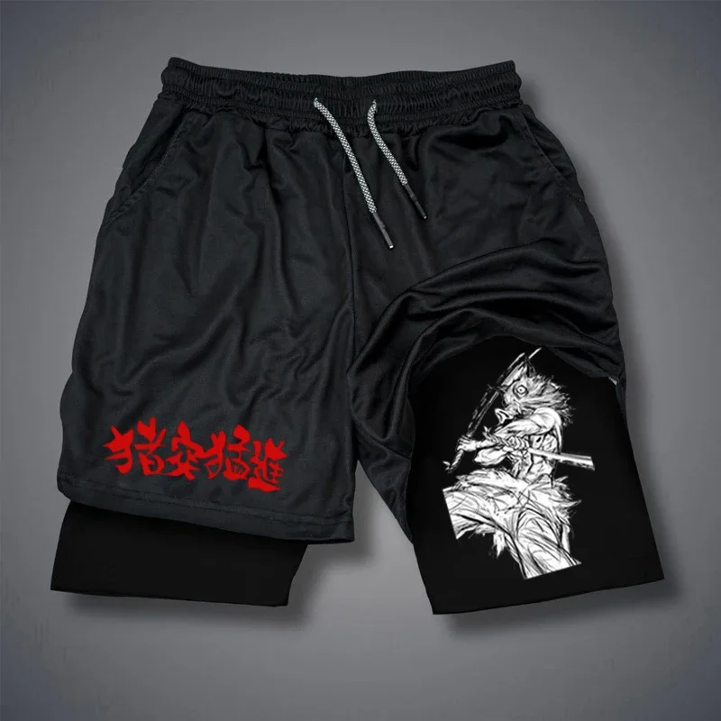 남성 피트니스 퍼포먼스 러닝 트레이닝 스포츠 반바지 패션 프린트 2-In-1 더블 레이어 여름 메쉬 속건성 비치 반바지