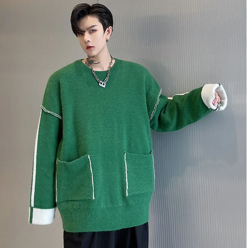 Fashion Menswear Chic Color Block Green Knitting Pullovers Men's New Round Collar Long Sleeve Sweater Autumn Winter