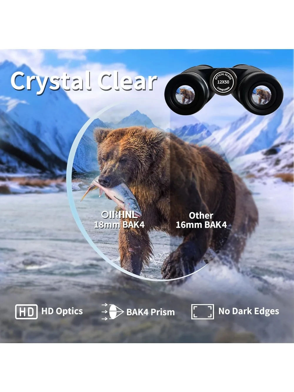 大人用12x50 HD双眼鏡、強力な倍率、アップグレードされたスマホアダプター付き、バードウォッチング、ハンティング、アウトドア旅行に最適