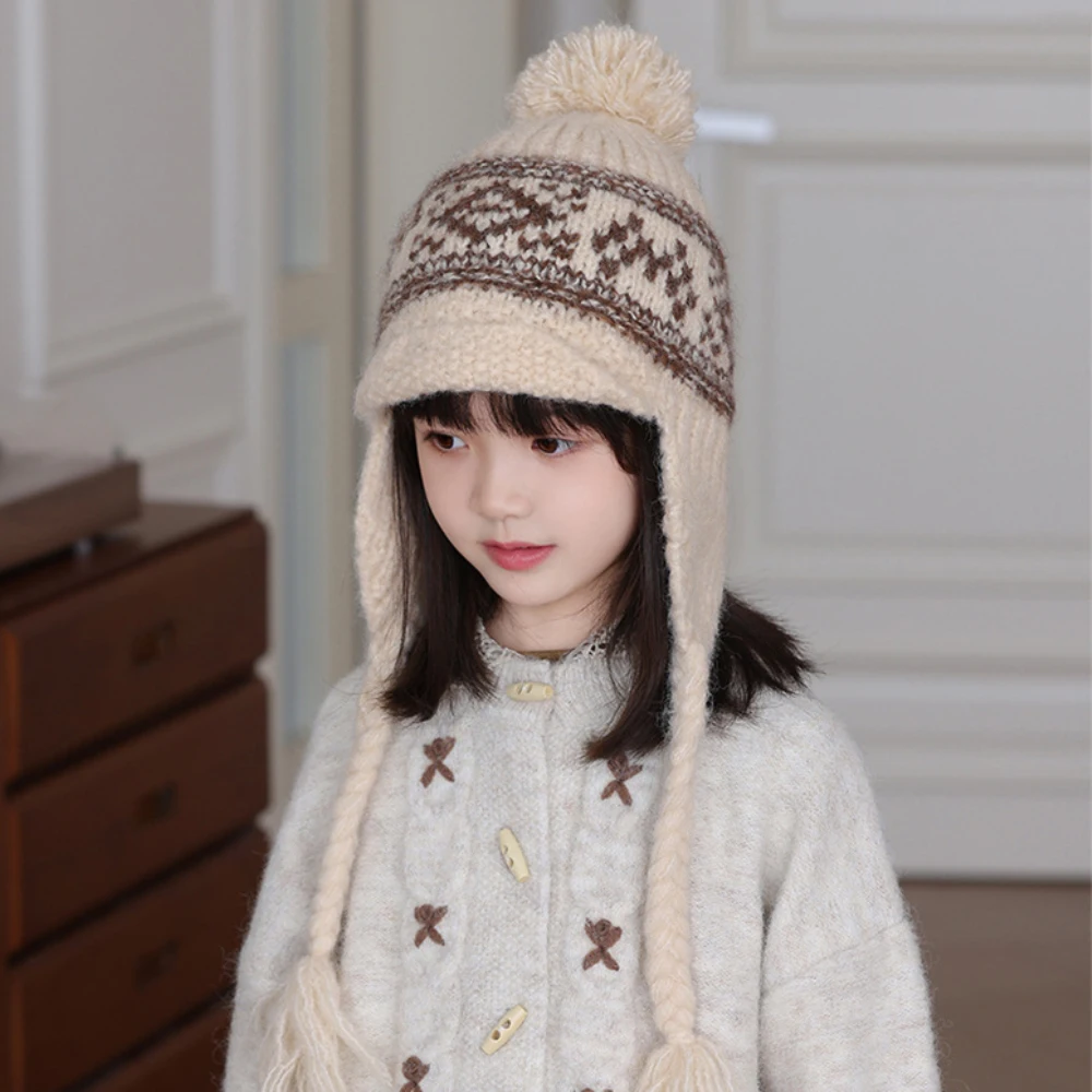 

HT4899 Skullies Beanies Children Autumn Winter Hat Boys Girls Thick Warm Knitted Hat Pompom Snow Ski Earflap Cap Kids Beanie Hat
