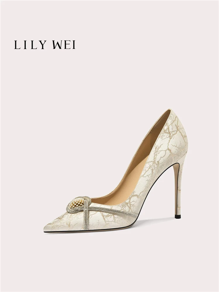 

Spring new pointed shallow pearl rhinestone printed cloth single shoes banquet large size small size sthigh-heeled women's shoes