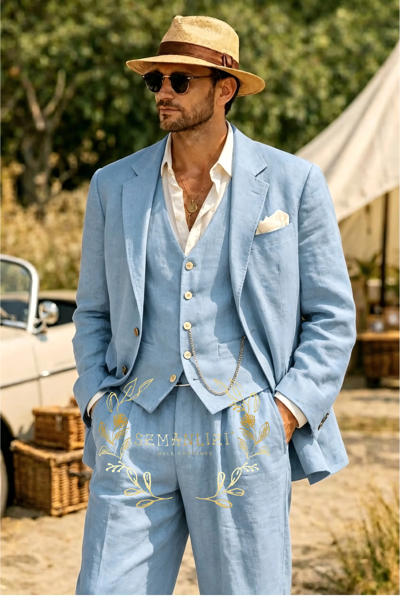 

Sky Blue Linen Wedding Tuxedo 3 Pieces Summer Suits for Men Slim Fit Groom Blazer Pants Vest Set Beach Party Wedding Suits Men