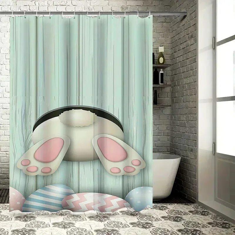 ~O~Cute Easter Bunny and Eggs Design Waterproof Shower Curtain Heat Resistant Machine Washable Non-Transparent 180x180cm